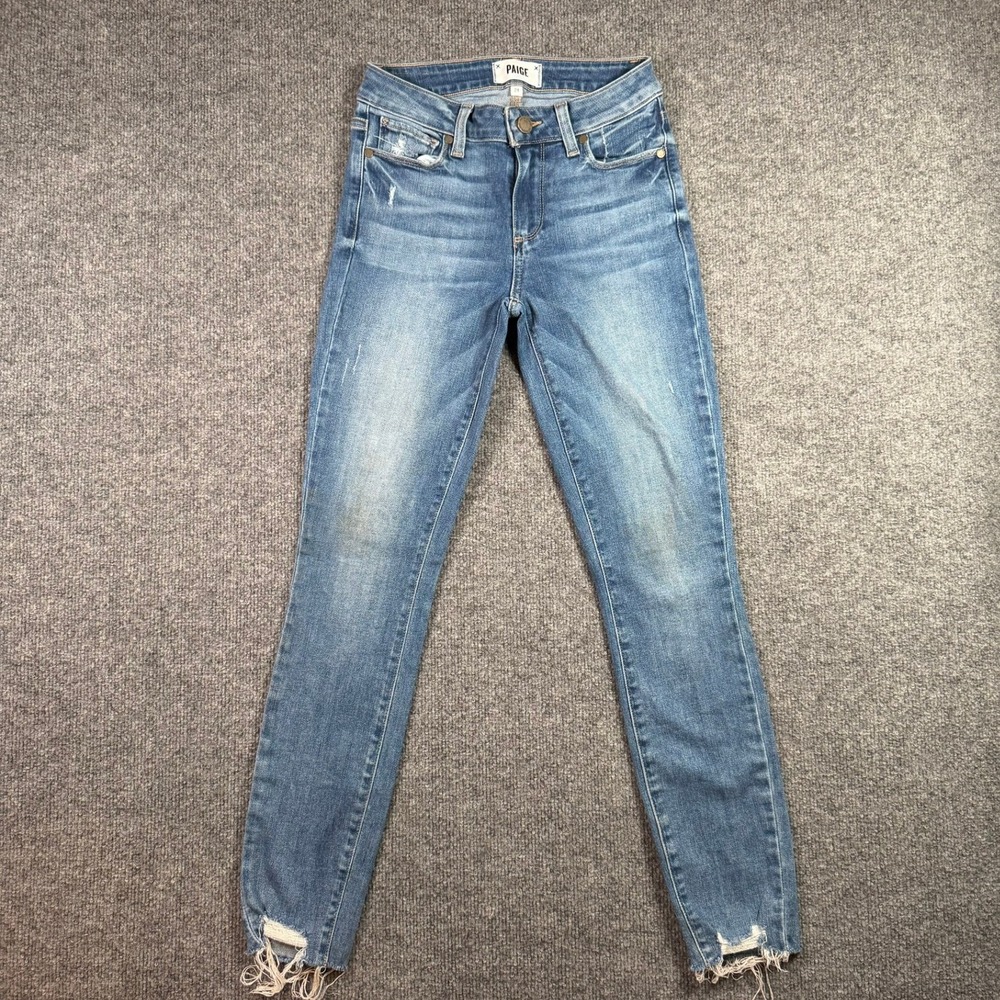 Paige Verdugo Ankle Jeans Womens 24 Blue Distressed Raw Hem Skinny Mid Rise